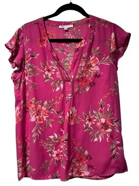DR2 Fuchsia Floral V-Neck Blouse | Lightweight Ladder Lace Trim Top Size M
